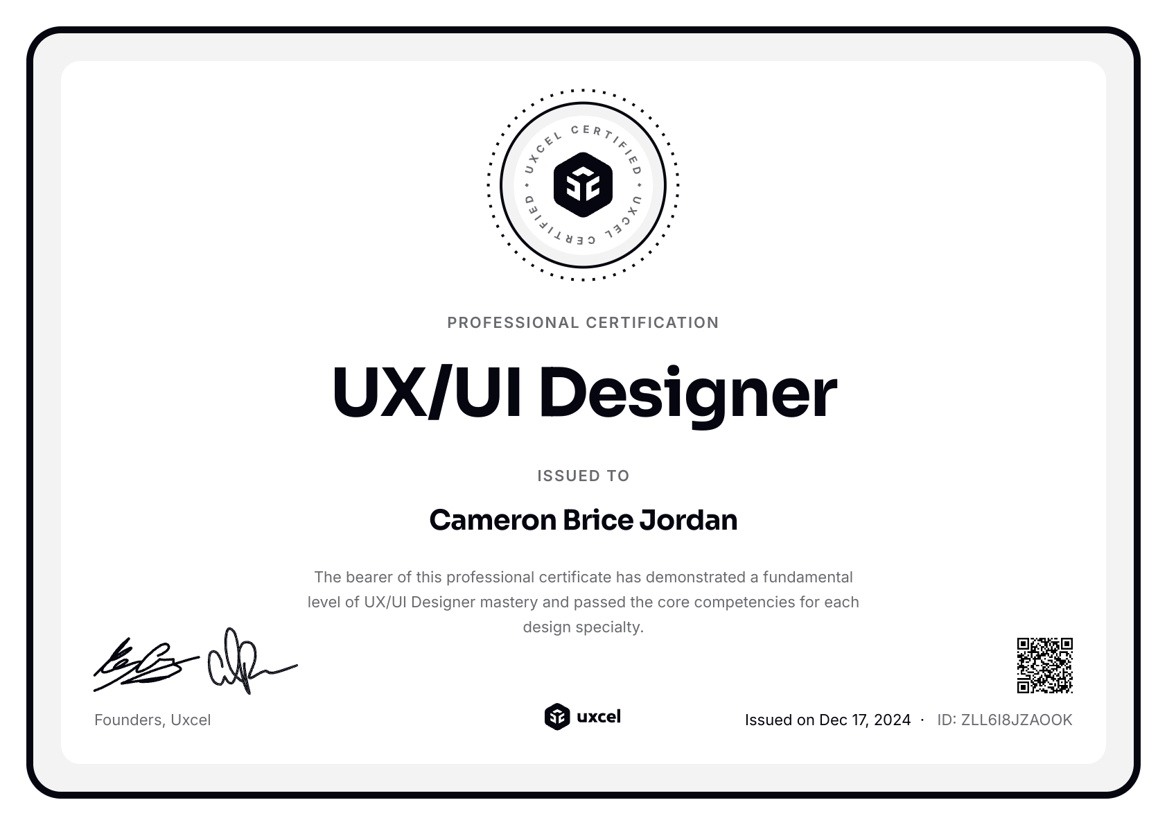 Cameron Brice Jordan's certificate